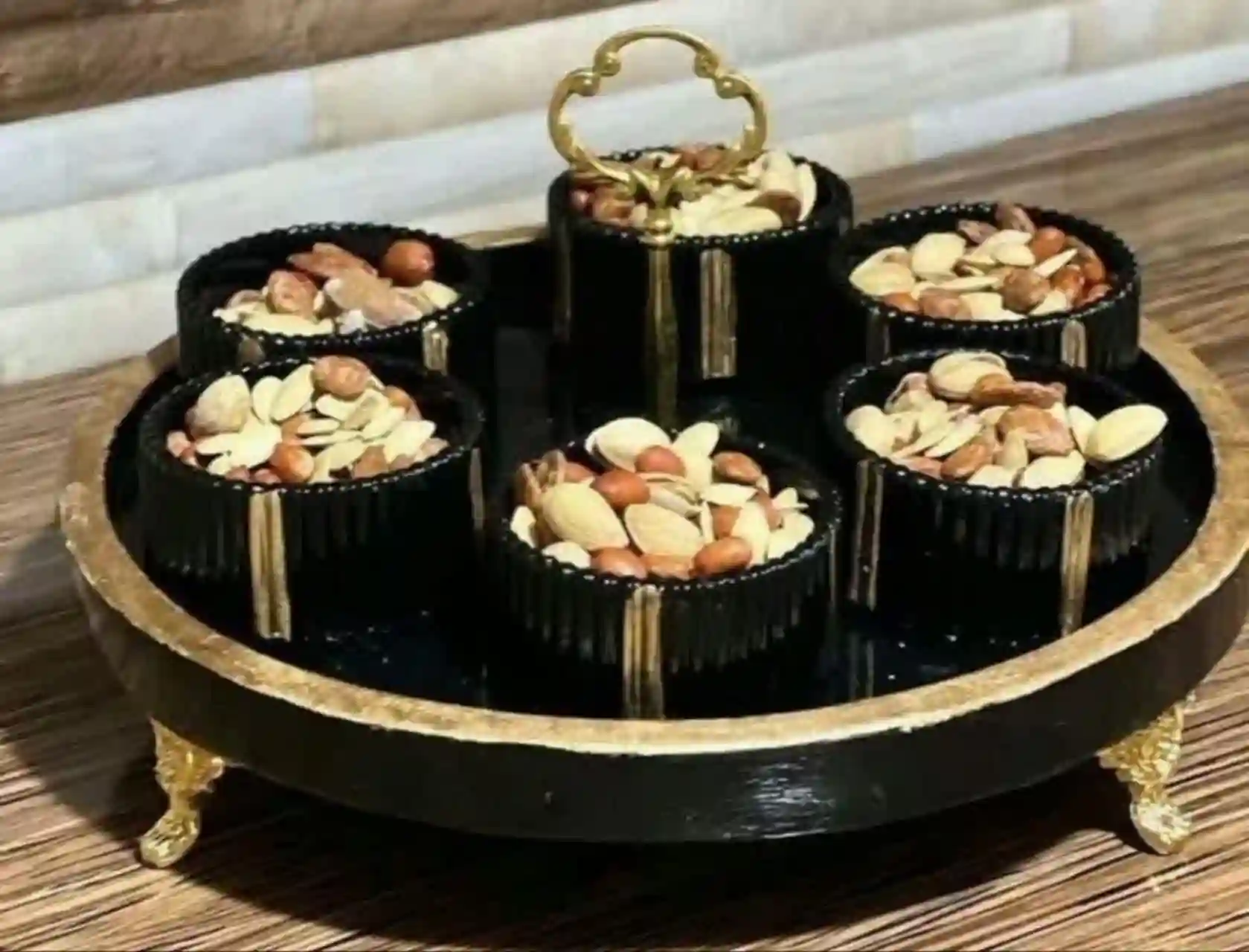 ست پذیرایی شش کاسه و سینی مشکی طلایی سنگ مصنوعی
