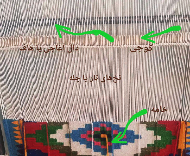 گلیم جریره(طلعت) معرفی ابزار های گلیم بافی ساده در خانه مثل کوجی، هاف، خامه ، دال آغاجی و نخ چله