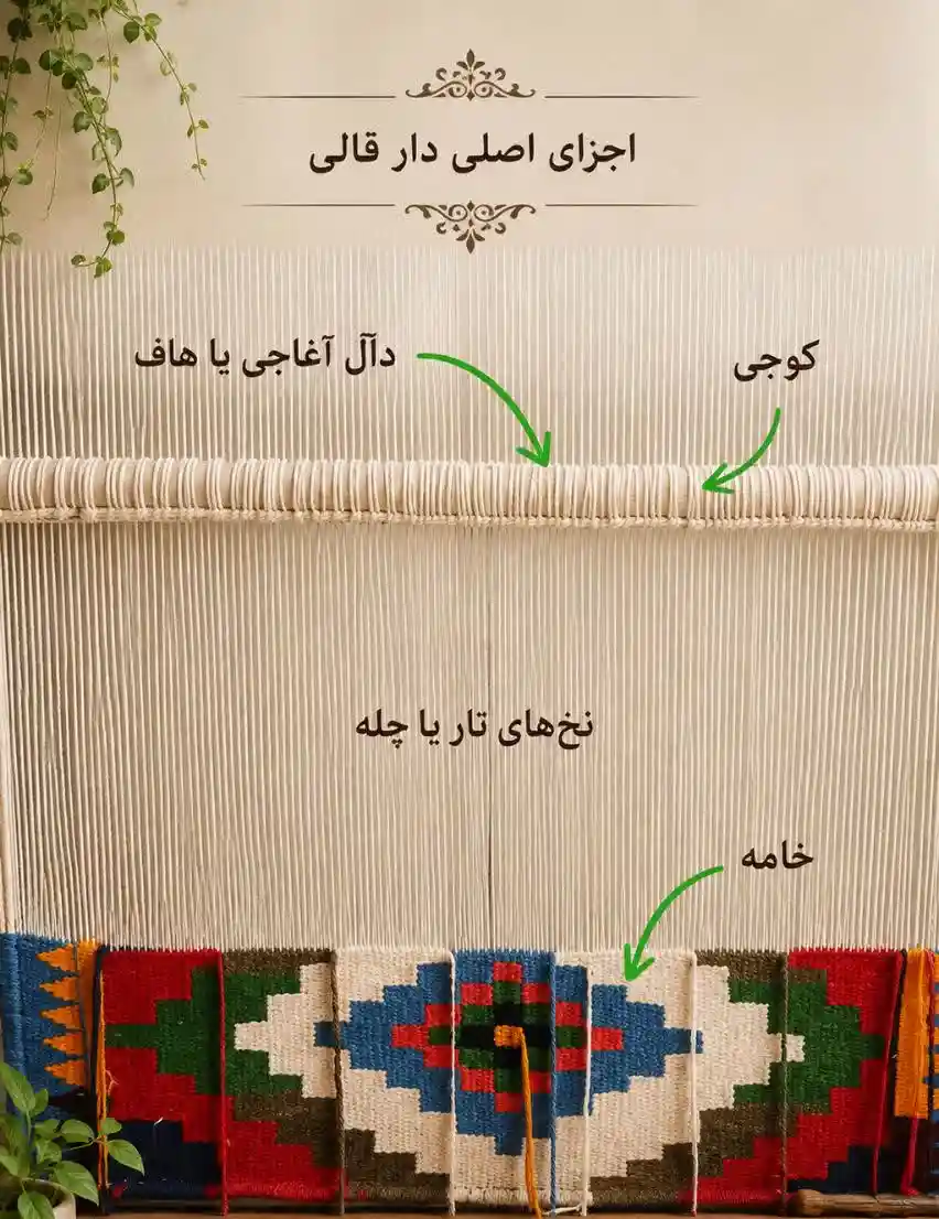 تصویر سازی دستگاه گلیم بافی دستی و اجزای شروع بافت آن