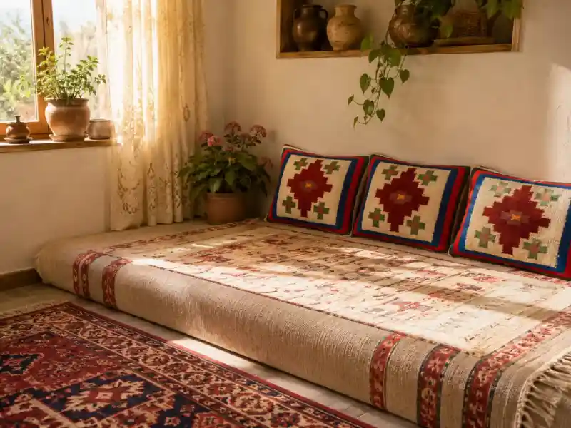 تصویر سازی گلیم بافته شده و استفاده شده به عنوان پشتی
